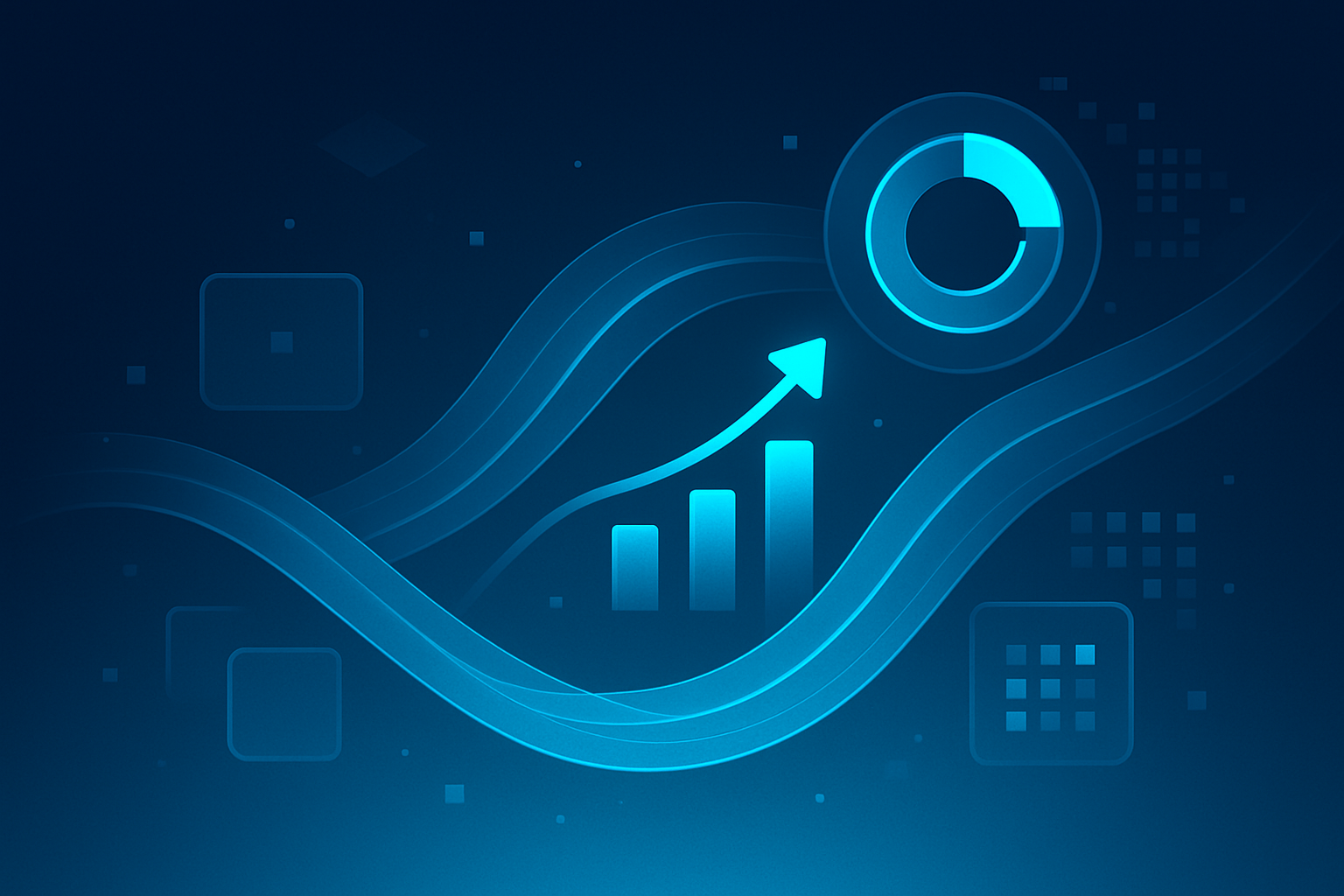 Abstract data streams and geometric shapes illustrating digital growth and continuous improvement.