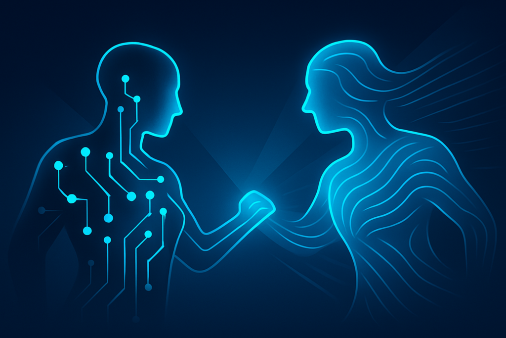 Abstract digital duel between geometric chatbot and organic AI silhouettes with glowing data streams.