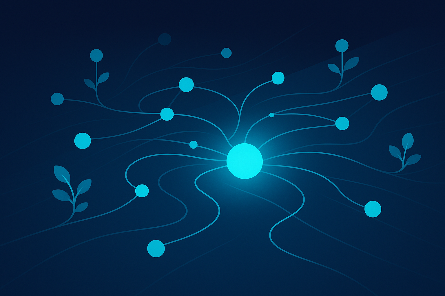 Abstract digital ecosystem with glowing interconnected nodes and flowing lines on dark blue background.