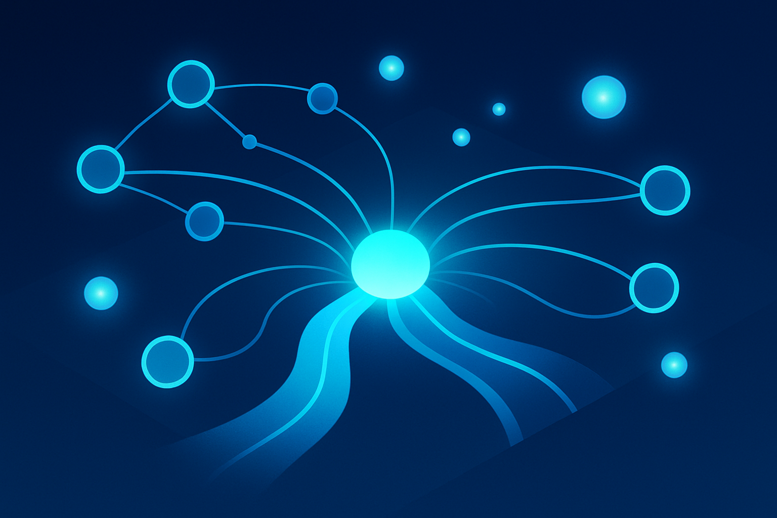 Abstract digital ecosystem with glowing nodes, cyan streams, and pulsating orbs on dark gradient background.