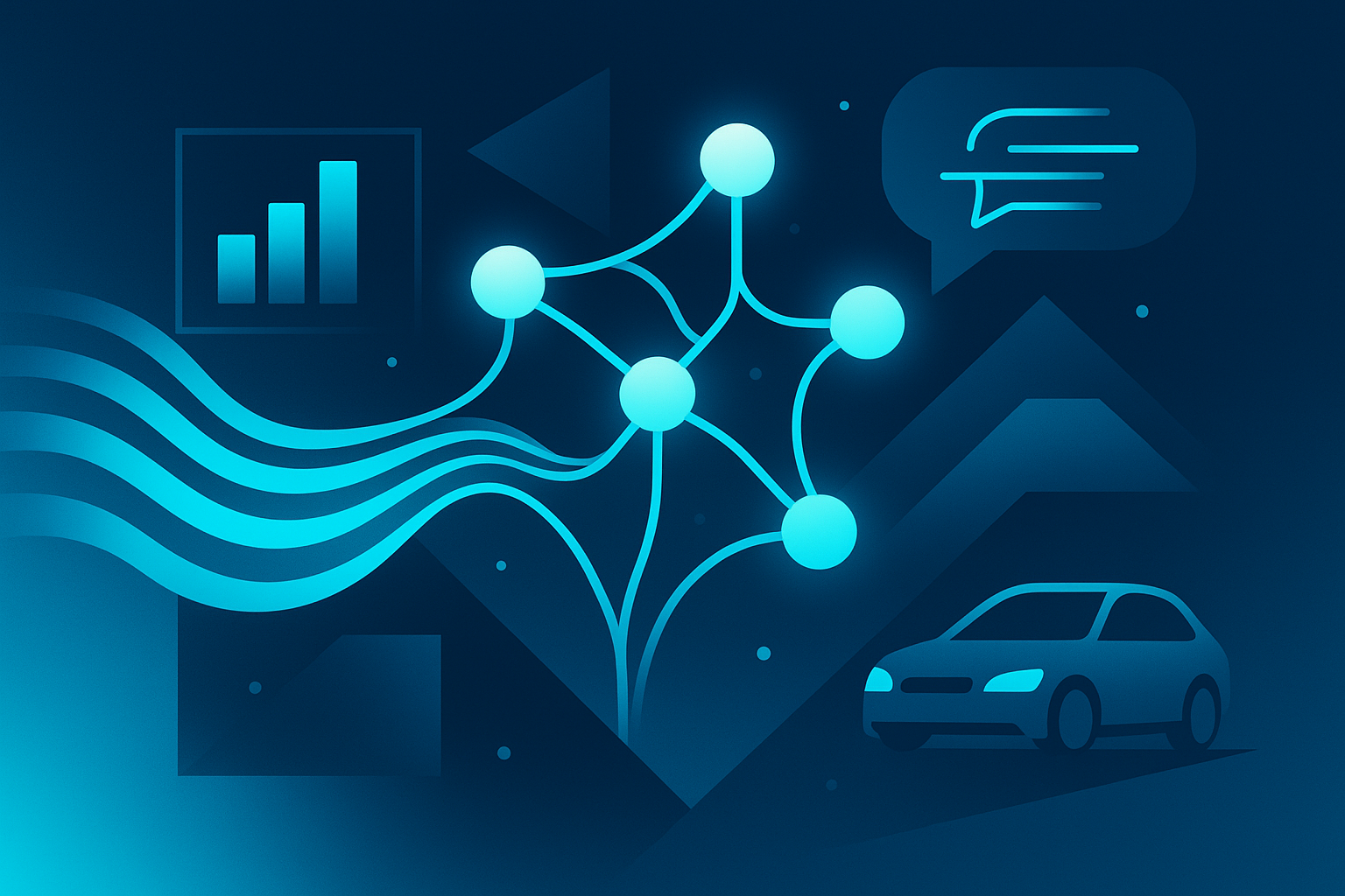 Abstract digital illustration of glowing neural networks, data streams, geometric shapes, and stylized car silhouettes.