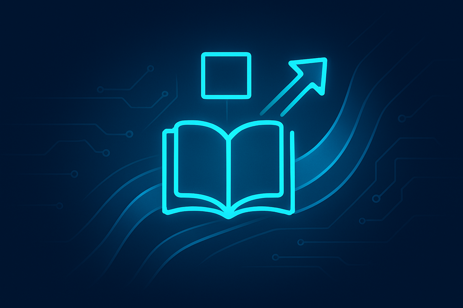 Abstract digital illustration of interconnected geometric shapes and flowing lines on a dark blue gradient background.