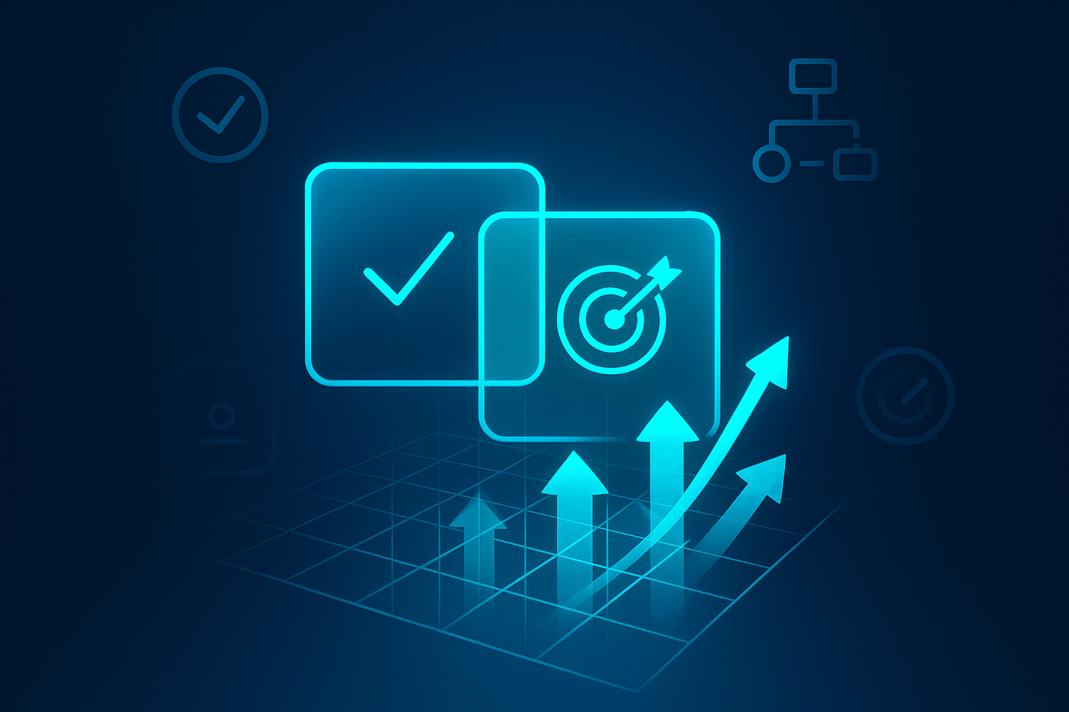 Abstract digital illustration with geometric shapes, arrows, icons, and neon glow on dark blue background.