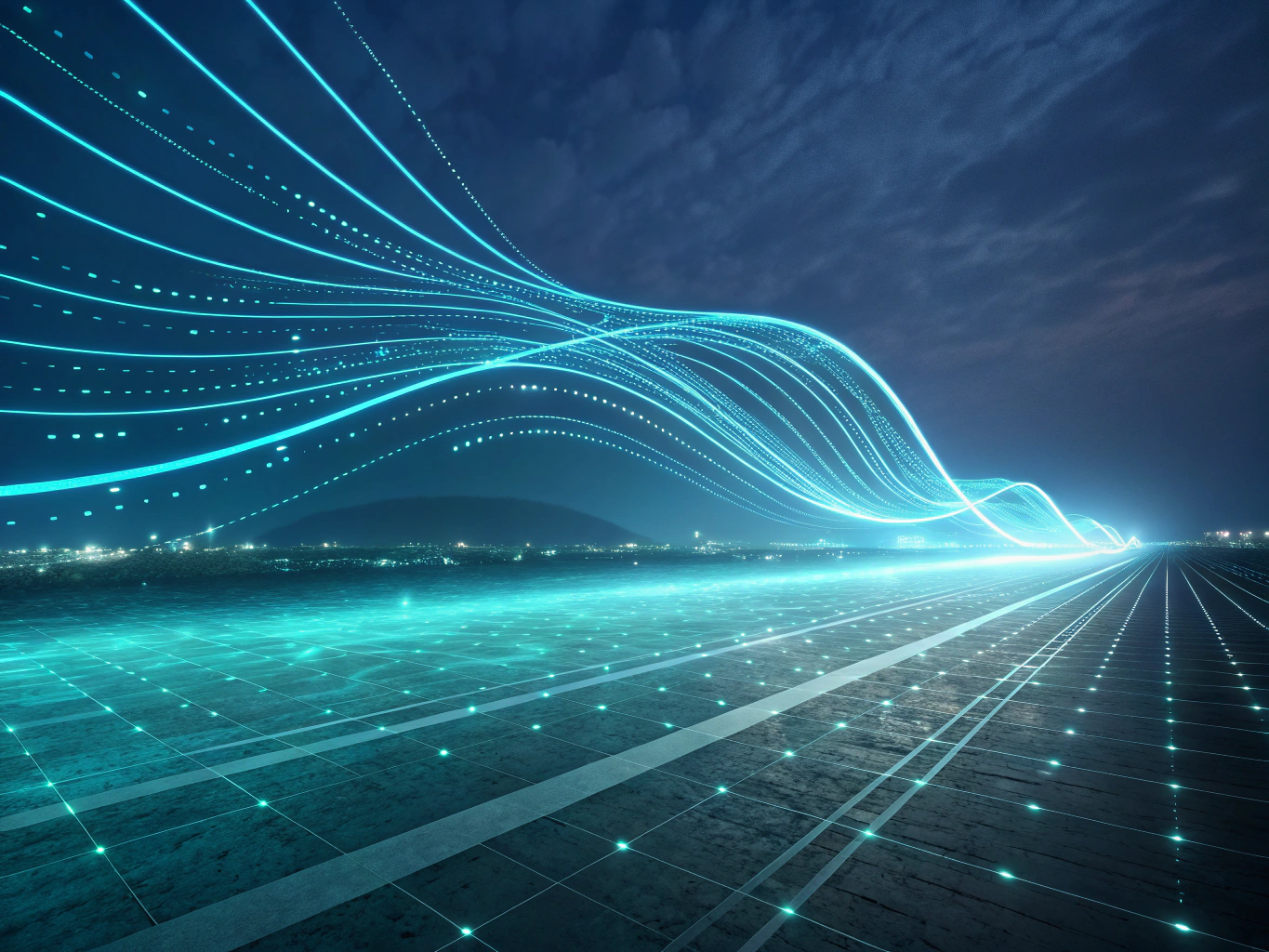 Abstract digital landscape with glowing data streams and neural network nodes in neon blue tones.
