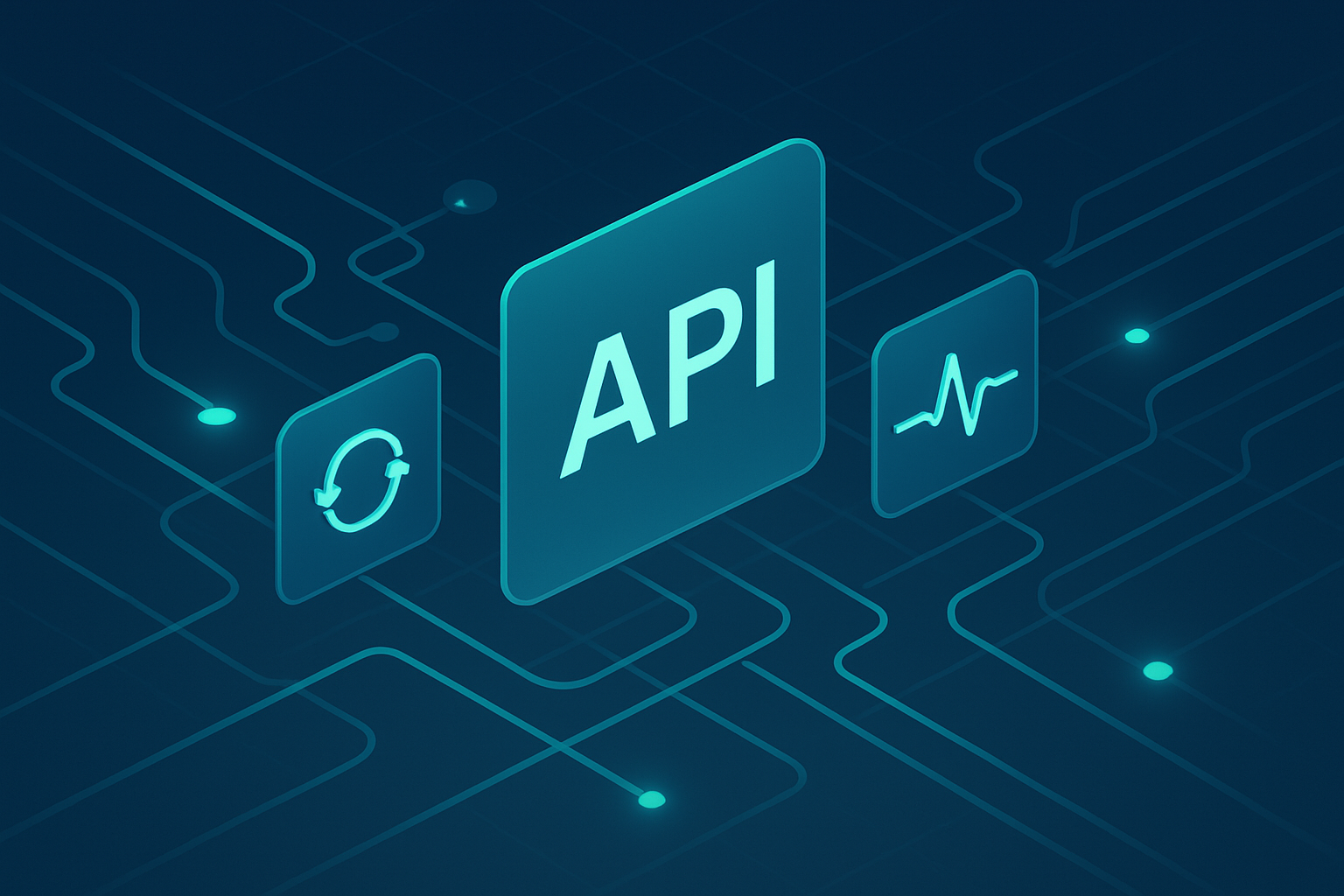 Abstract digital network with glowing circuit lines, data nodes, and translucent API panels.