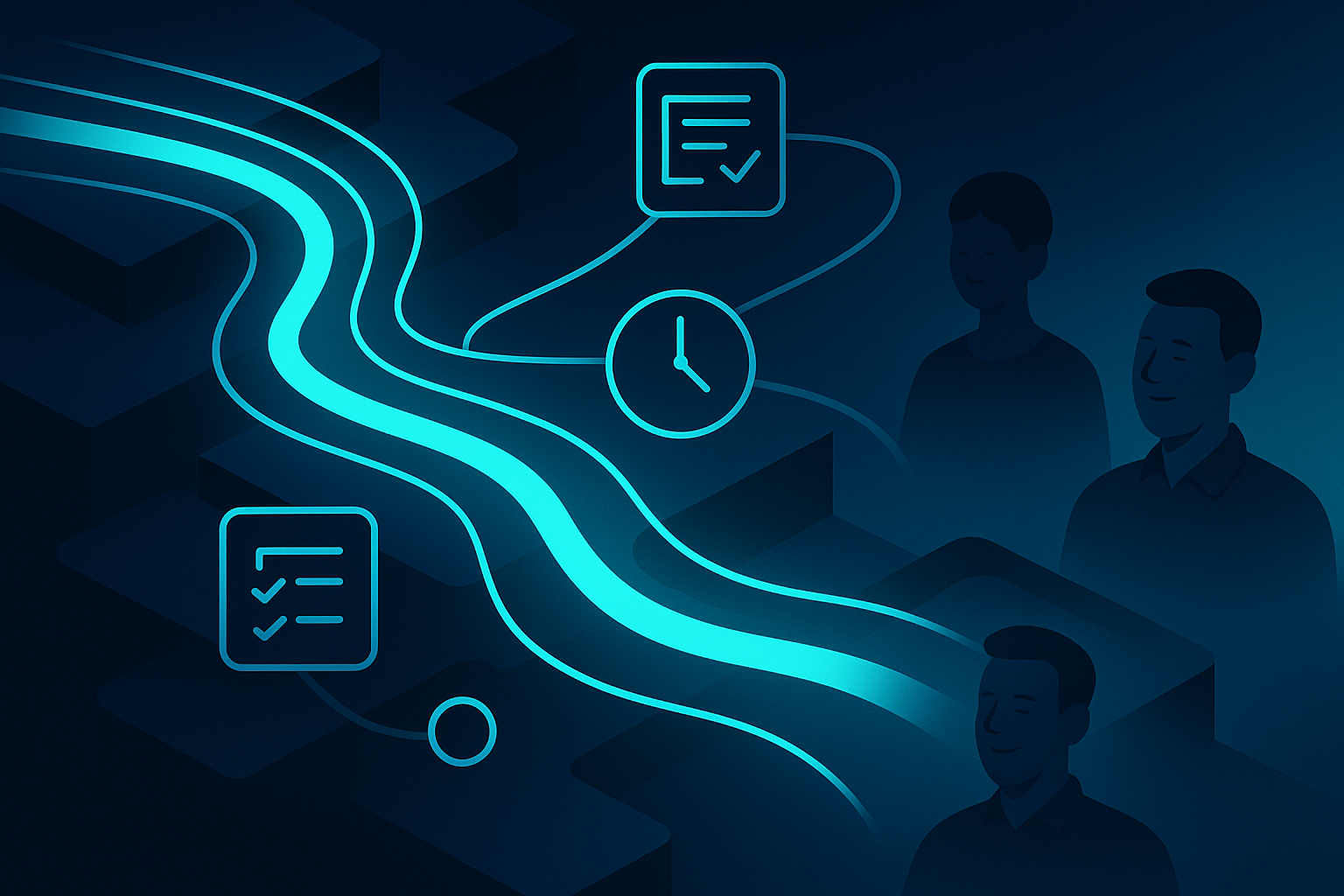 Abstract digital network with glowing cyan data streams, icons, and silhouettes on dark gradient background.