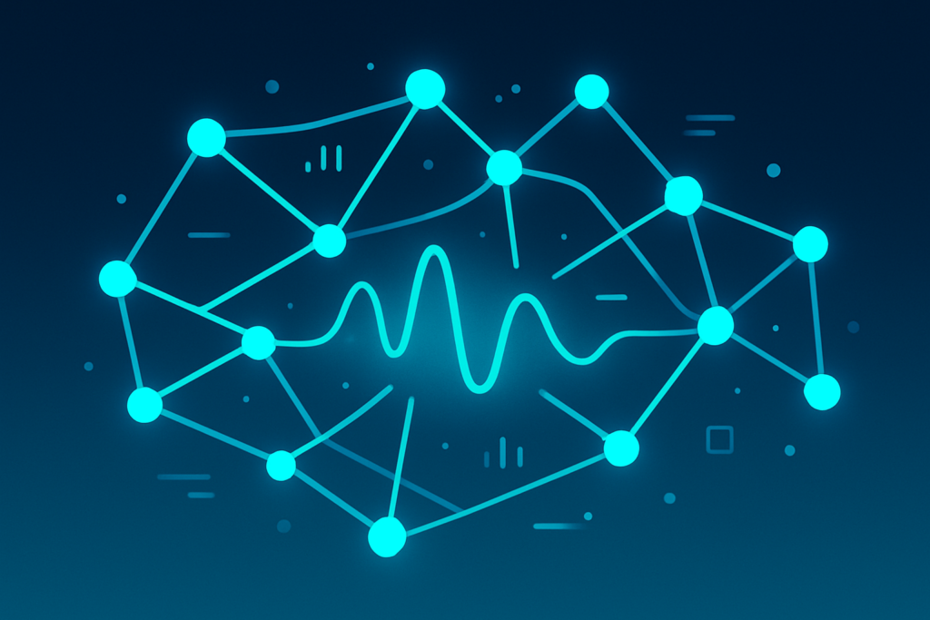 Abstract digital network with glowing cyan nodes, waveforms, and geometric shapes on dark background.