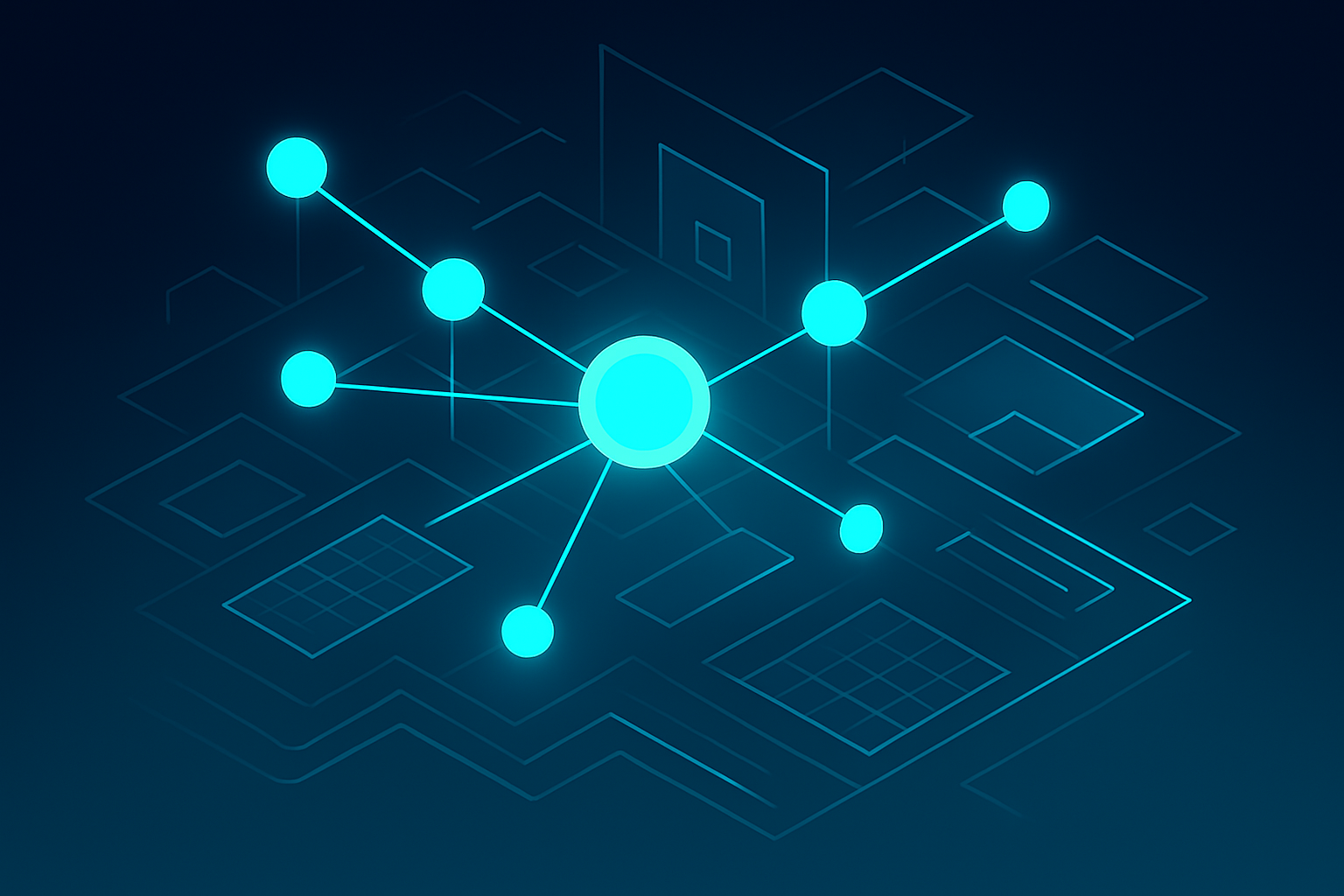 Abstract digital network with glowing nodes and geometric shapes on dark blue gradient background.