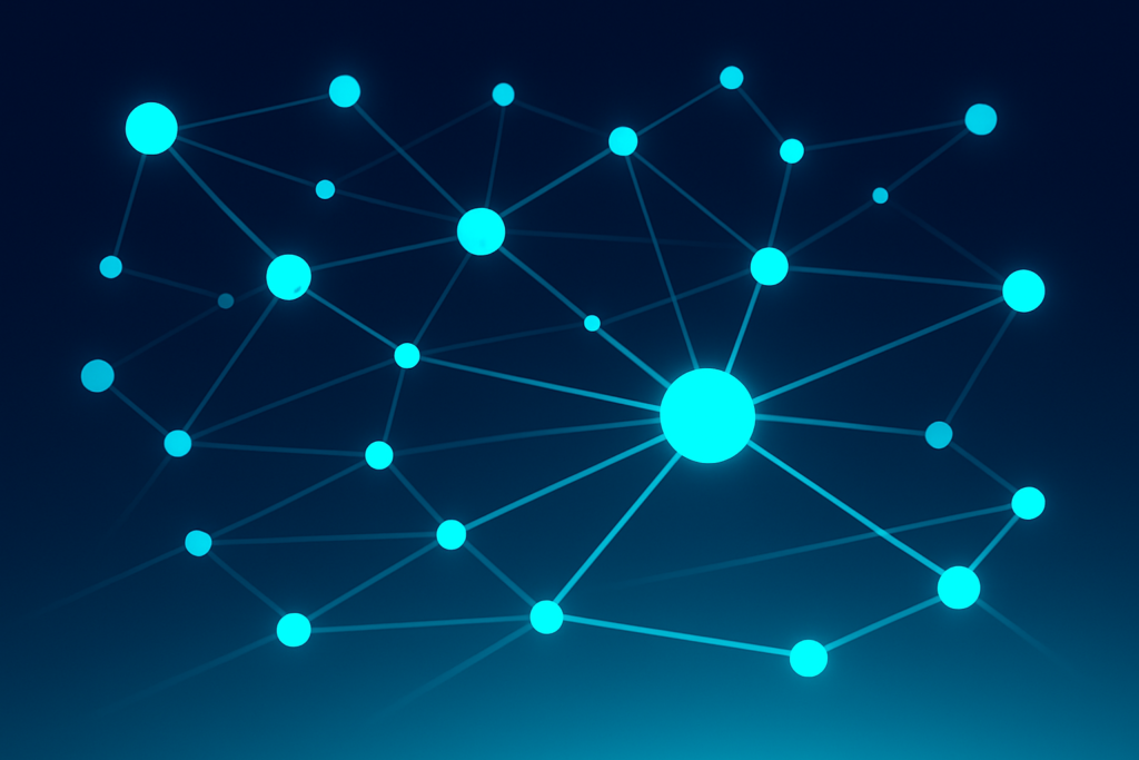 Abstract digital network with glowing nodes and lines over dark neon background.