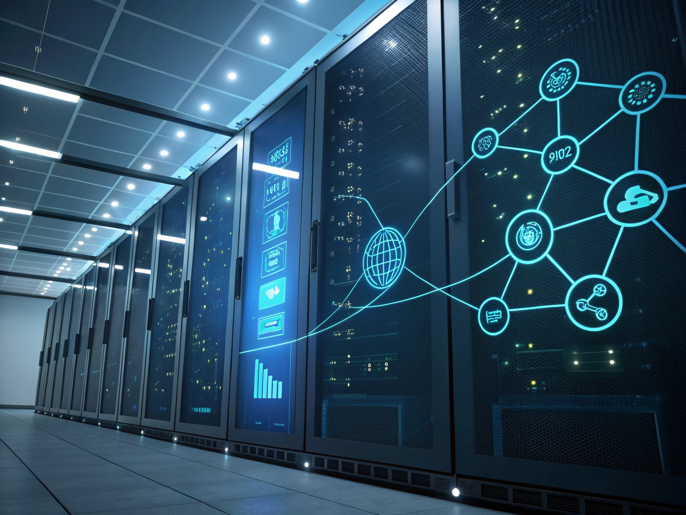 Abstract digital network with interconnected nodes, data streams, and translucent panels displaying icons.