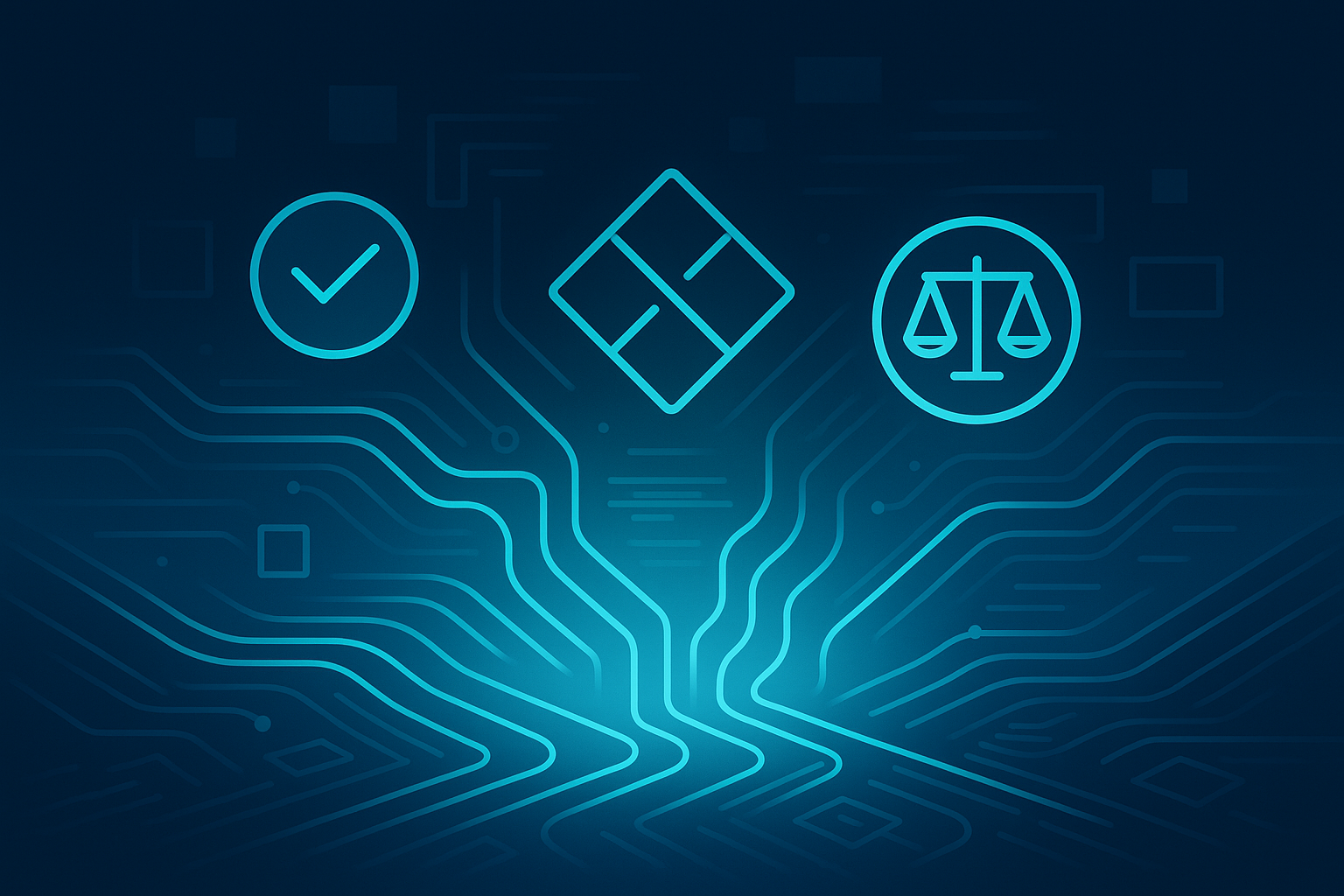 Abstract digital nexus with glowing cyan lines, compliance checkmarks, scales, and data streams.