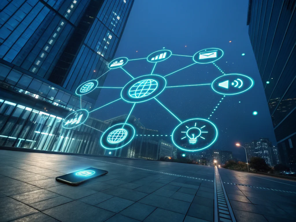 Abstract digital nexus with glowing cyan lines, interconnected nodes, and floating icons symbolizing connection and growth.