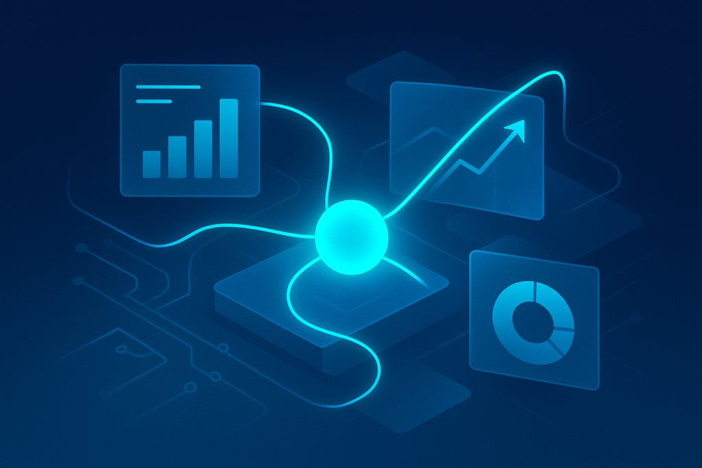 Abstract digital nexus with glowing cyan threads, geometric shapes, charts, and circuit patterns.