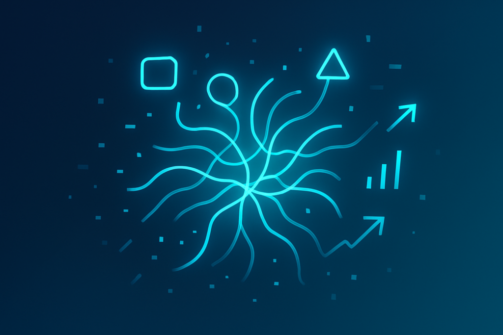 Abstract digital nexus with glowing neural pathways, geometric symbols, and dynamic algorithms in neon cyan.