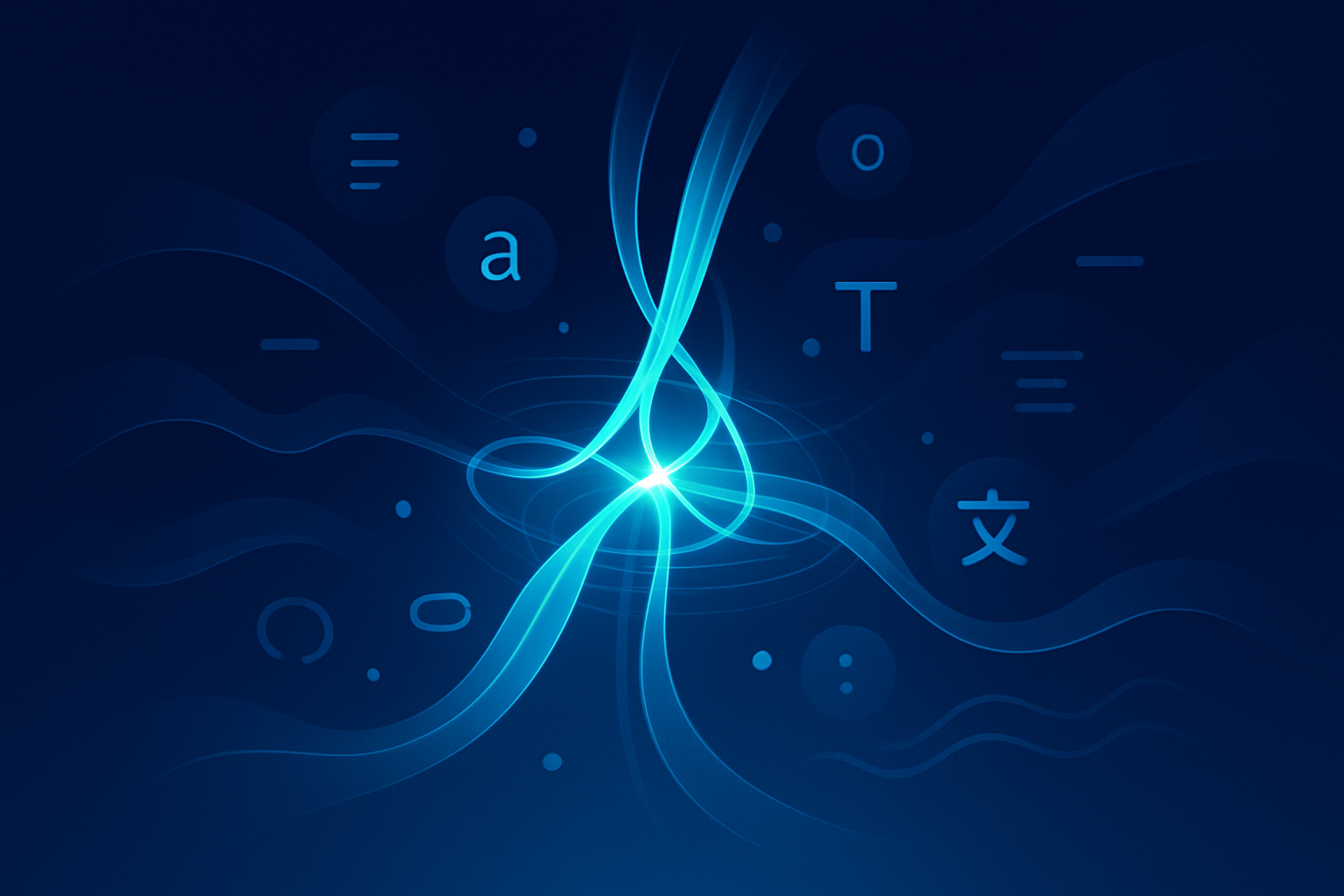 Abstract digital nexus with glowing neural threads, data streams, and floating language symbols.
