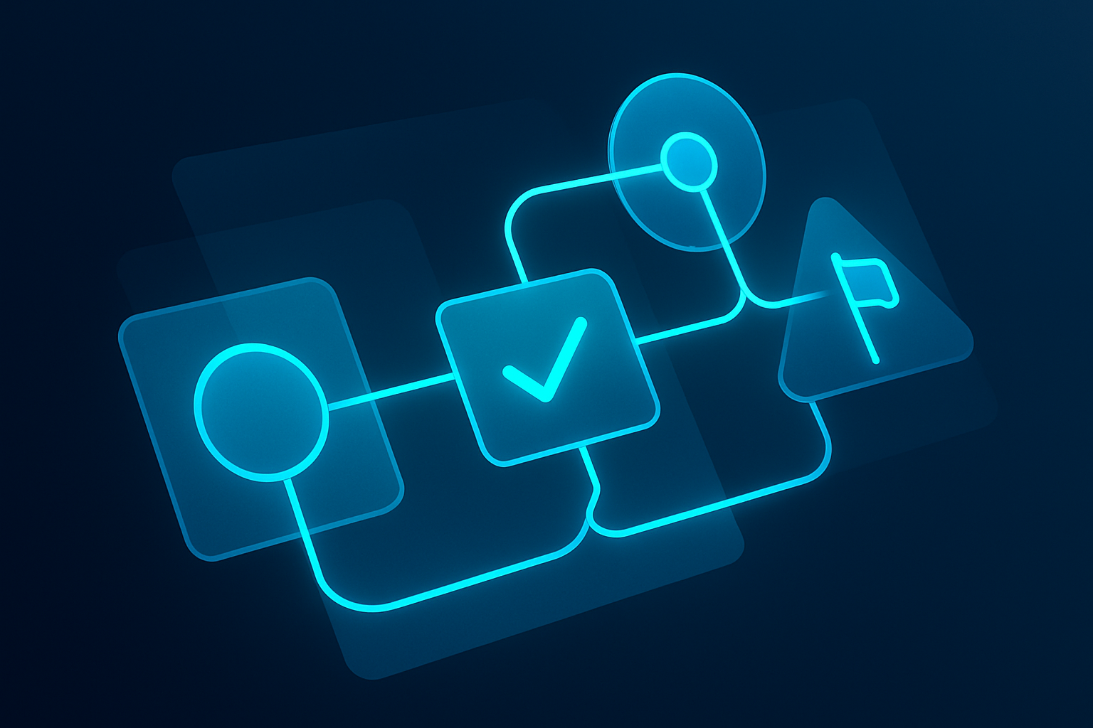 Abstract digital roadmap with glowing nodes, flowing lines, and geometric shapes in dark blue and cyan.
