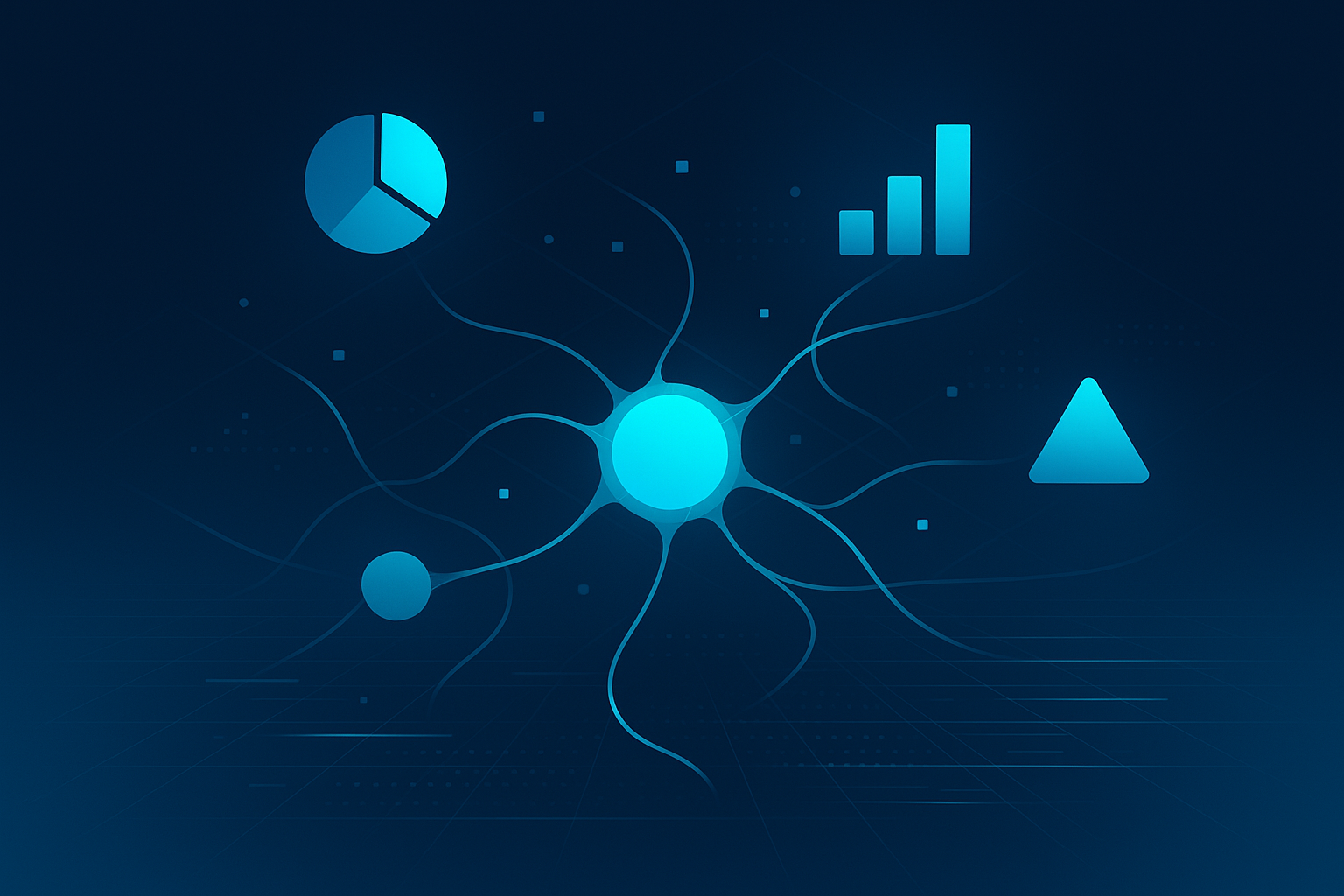 Abstract digital scene with interconnected neural nodes, glowing data streams, and geometric shapes in blue and cyan.