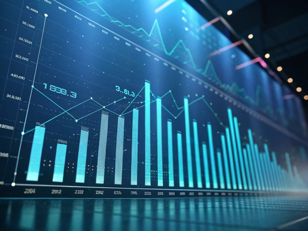 Abstract digital scene with translucent neon cyan vertical bars and flowing data streams on dark blue gradient background.
