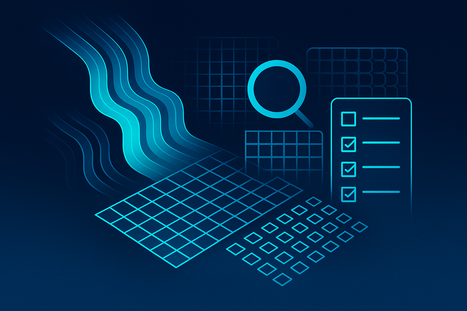Abstract digital workspace with data streams, grids, checklists, and magnifying glass outlines.