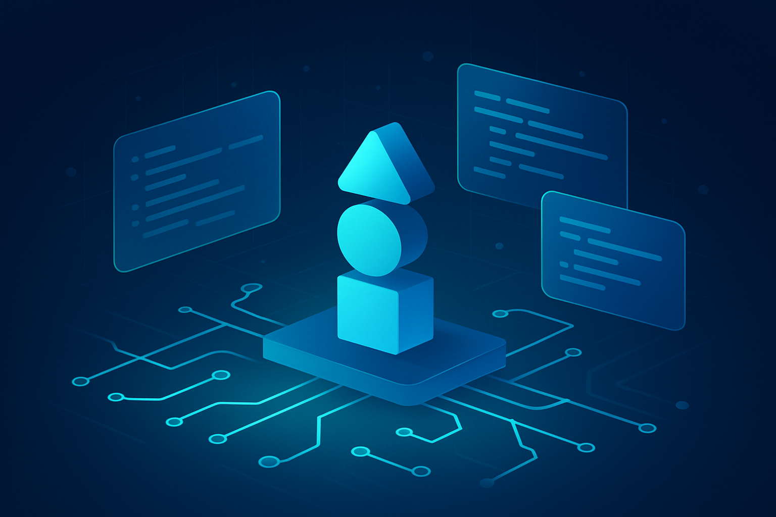Abstract digital workspace with glowing circuit lines, code panels, and geometric data symbols.