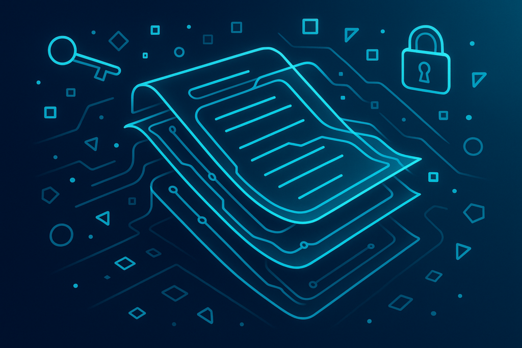 Abstract digital workspace with glowing circuits, data shapes, keys, and locks in neon blue tones.
