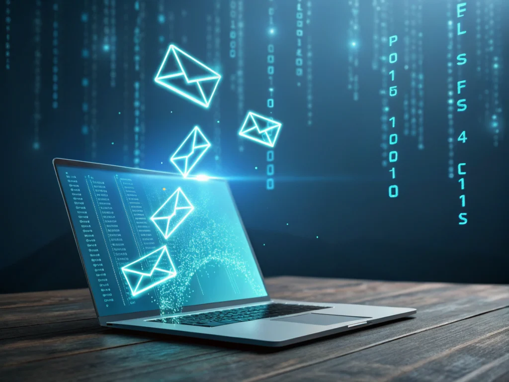 Abstract digital workspace with glowing cyan envelopes transforming into binary code and words.