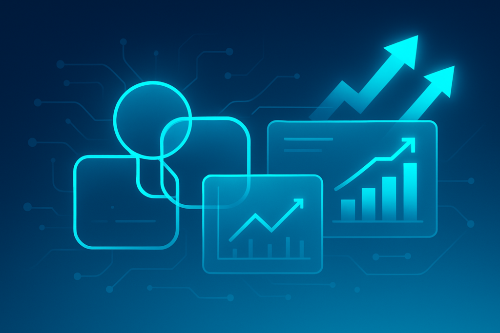 Abstract digital workspace with glowing geometric shapes, charts, arrows, circuits, and nodes.