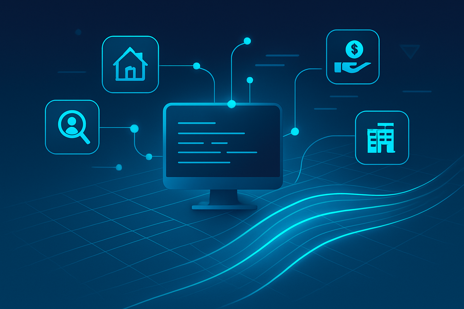 Abstract digital workspace with glowing nodes, data streams, geometric industry icons, and growth visuals.