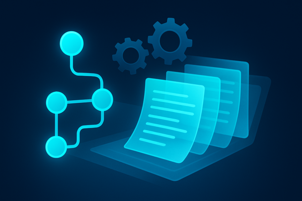 Abstract flat illustration of glowing interconnected nodes, gears, and digital documents on dark blue background.
