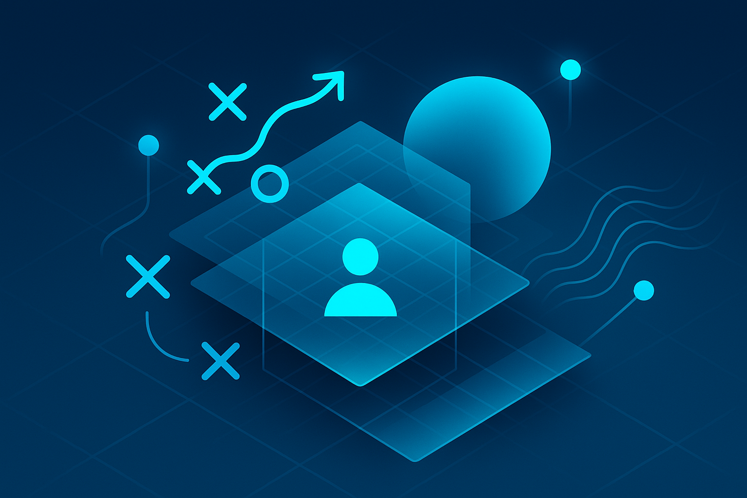 Abstract geometric composition with glowing nodes, grids, and flowing lines on dark blue background.