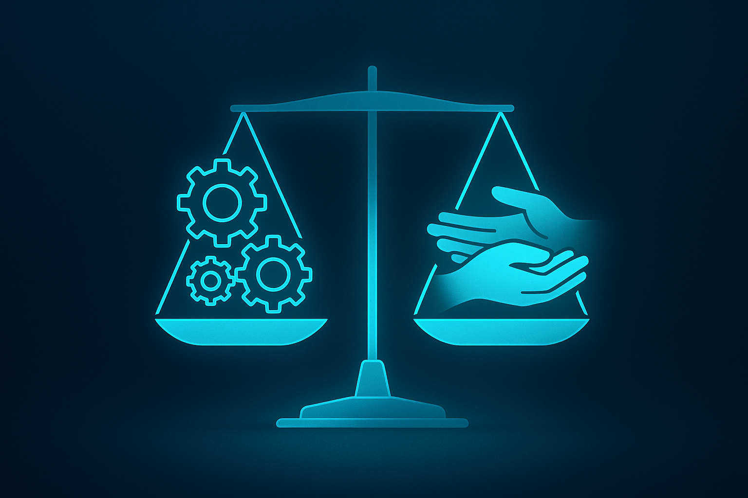 Abstract glowing cyan balancing scale with gears and hands on dark blue gradient background.