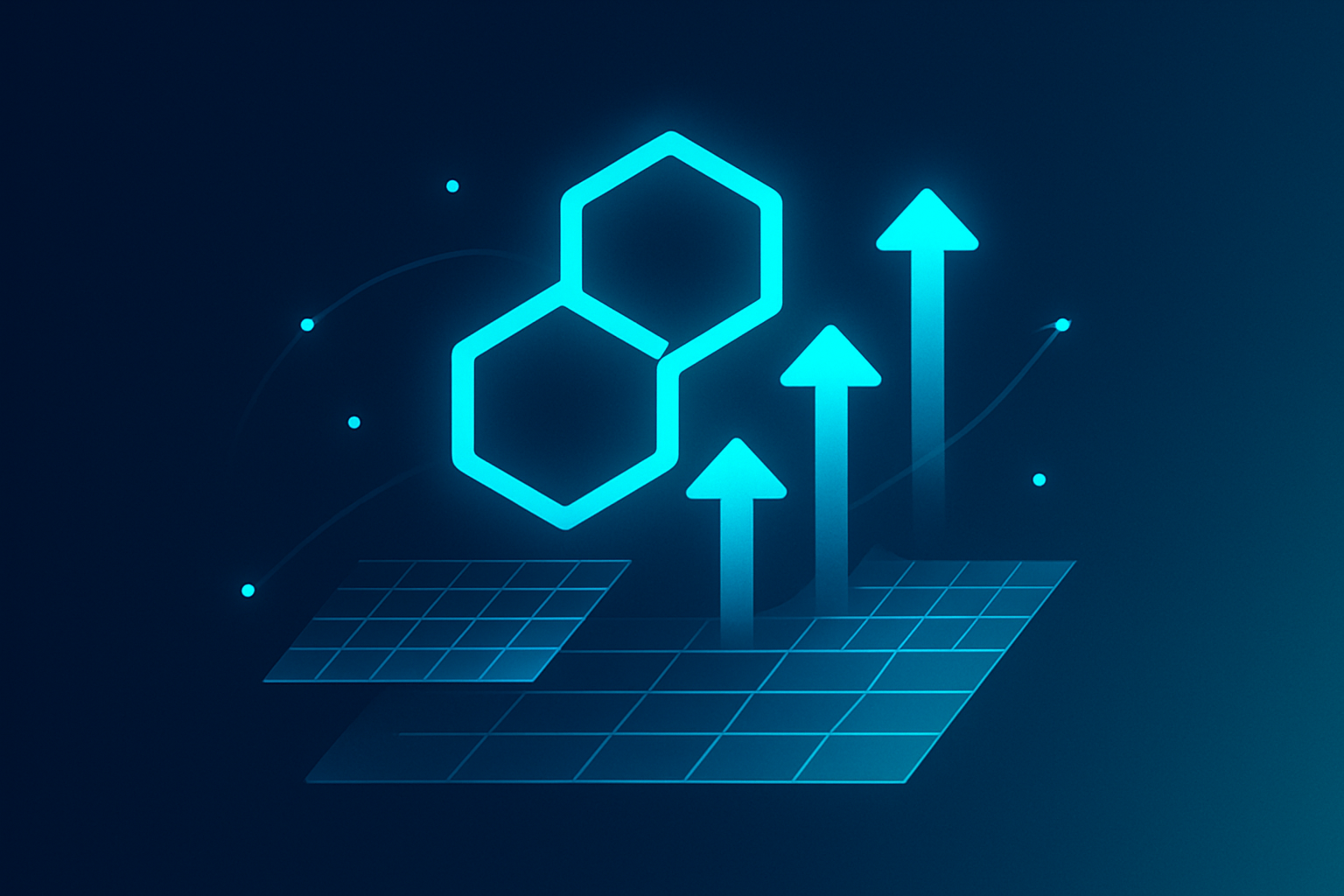 Abstract glowing geometric shapes and arrows over a dark blue gradient background.