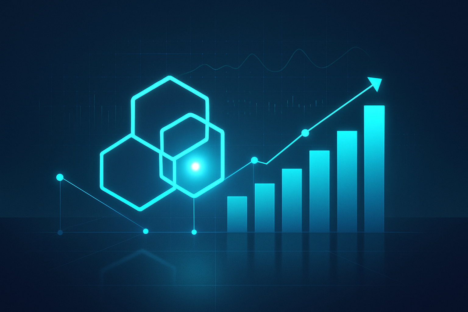 Abstract glowing geometric shapes with neon lines, digital grids, and a central luminous pulse.