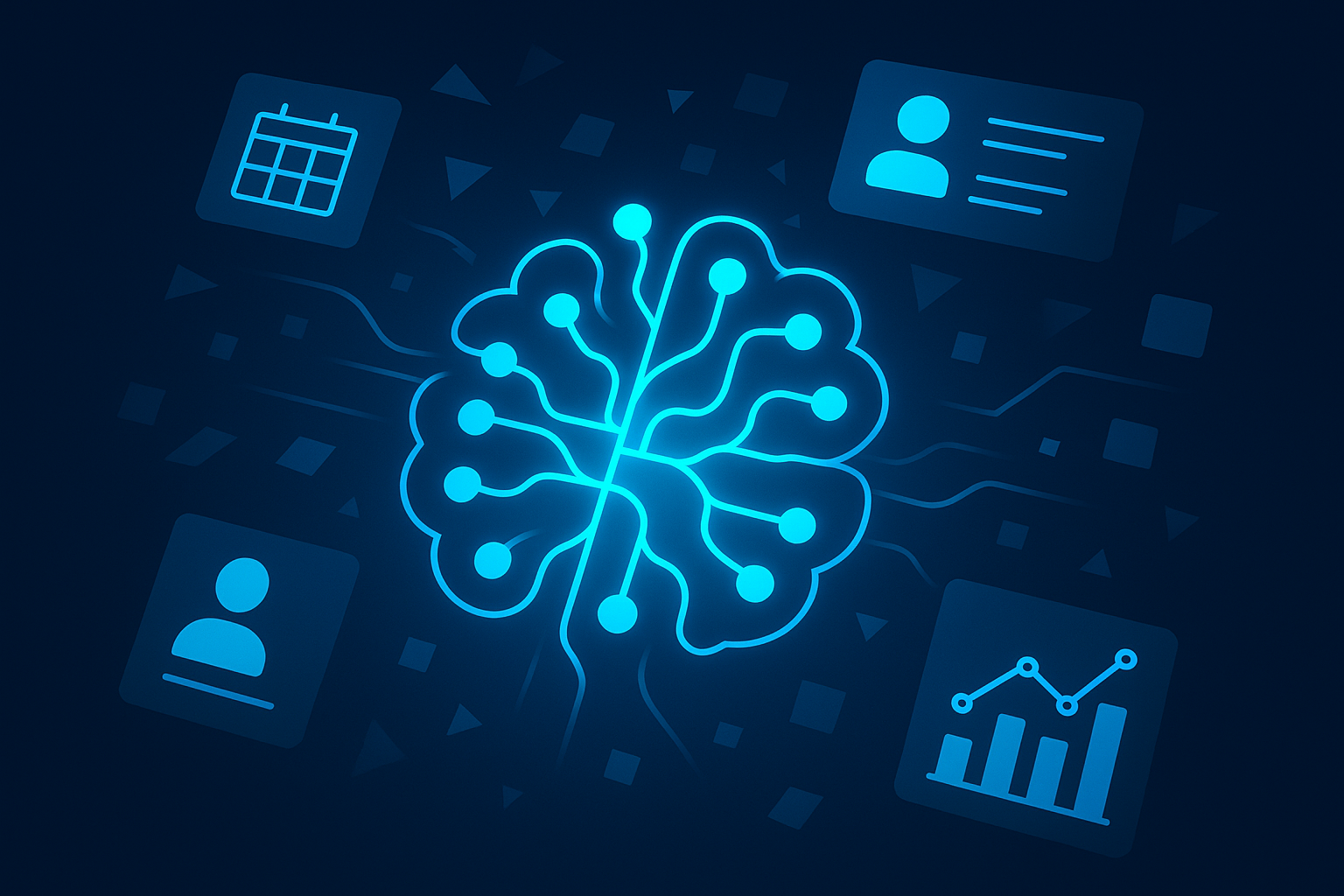 Abstract glowing neural network with data nodes and geometric shapes on dark gradient background.