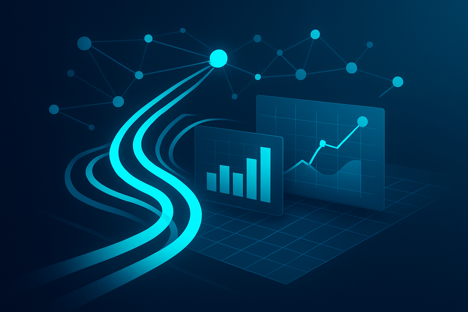 Abstract illustration of data streams, grids, and graphs with network nodes on dark neon background.