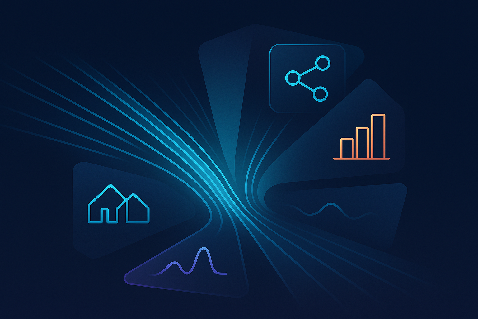 Abstract illustration of glowing data streams connecting real estate, recruitment, fundraising, and hospitality icons.