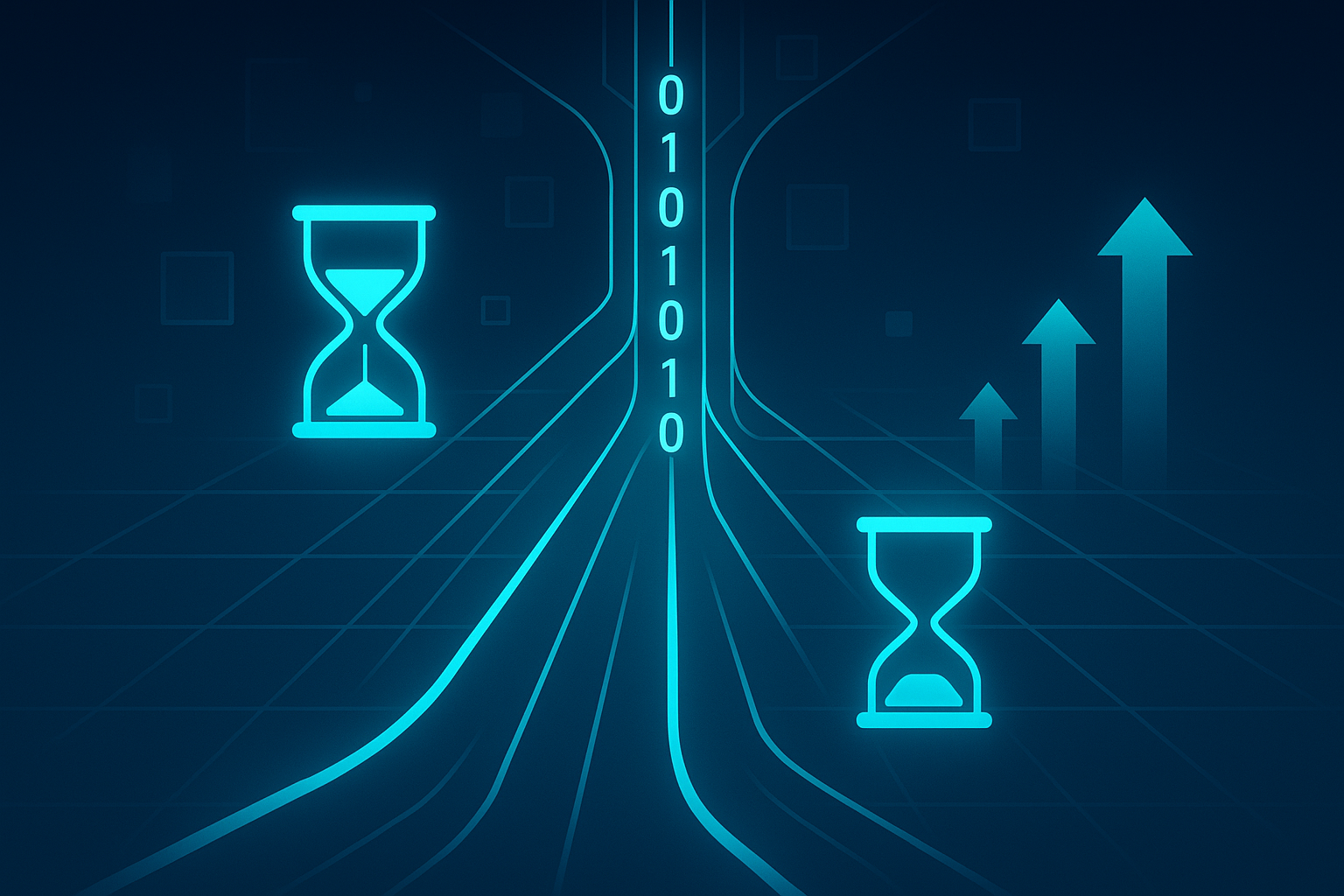 Abstract illustration of glowing data streams, digital hourglasses, and upward arrows on dark blue background.