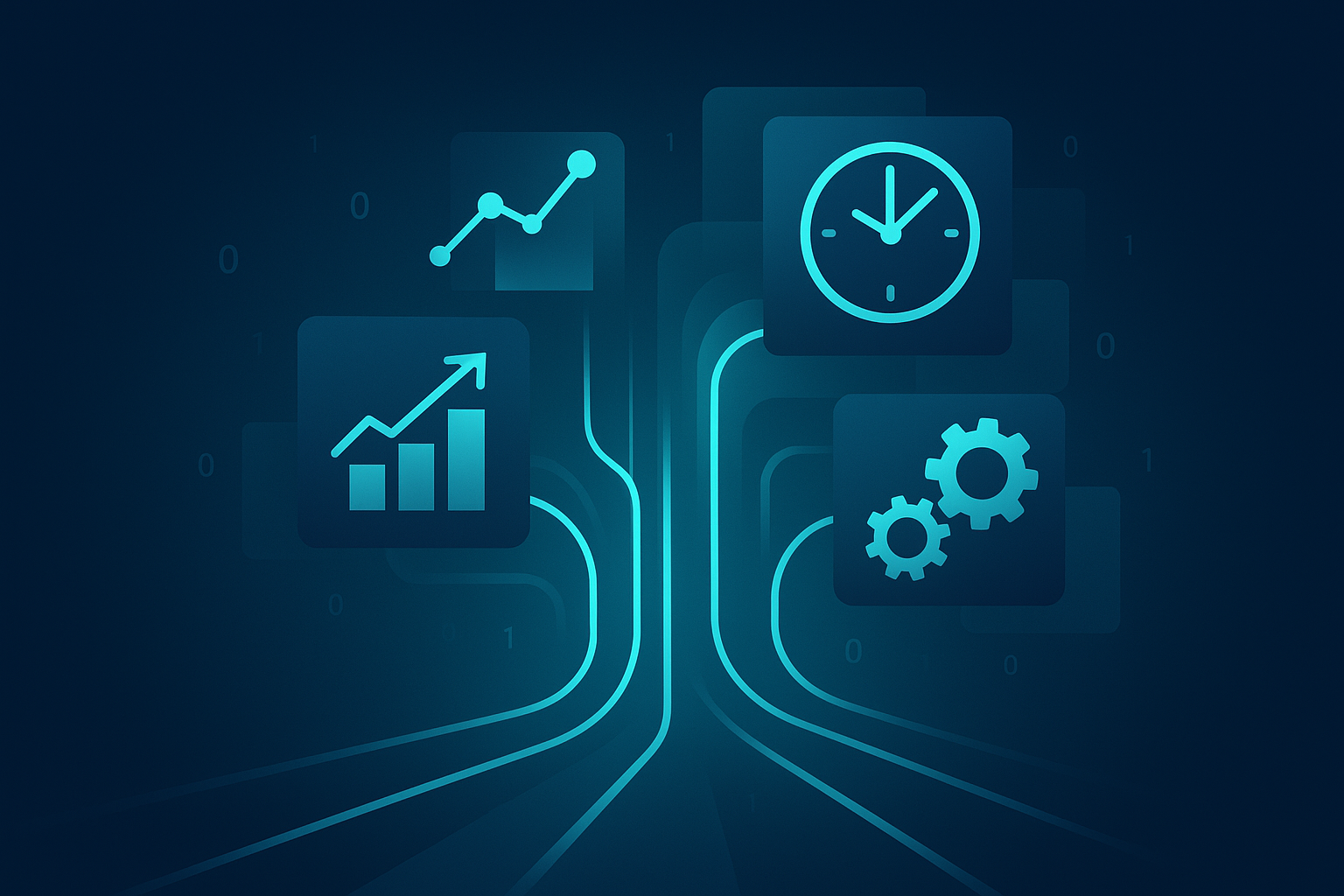 Abstract illustration of glowing data streams, geometric shapes, graphs, clocks, and gears in neon cyan on dark blue background.
