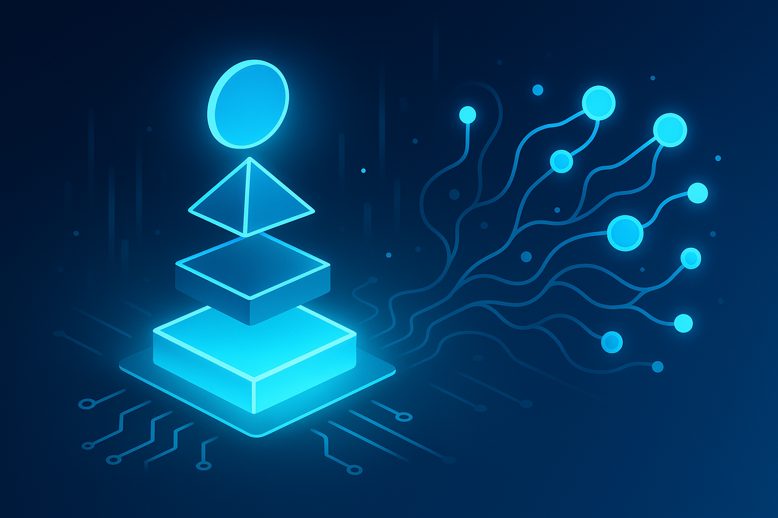 Abstract illustration of glowing geometric shapes and digital nodes symbolizing AI evolution.