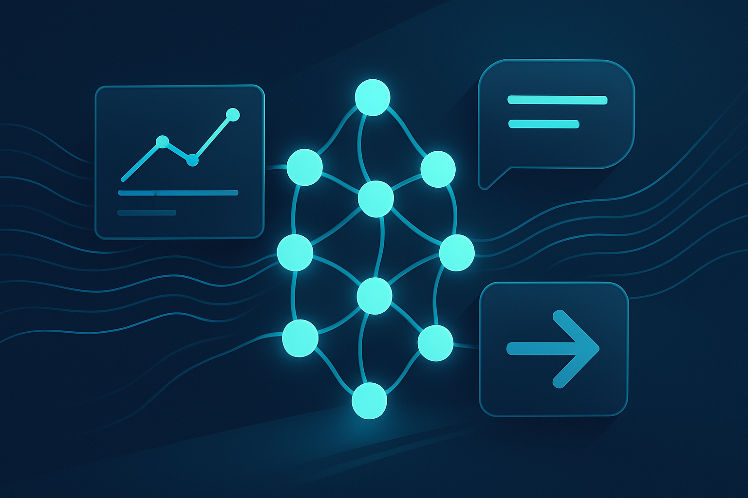 Abstract illustration of glowing neural nodes, data streams, and geometric shapes representing AI algorithms.