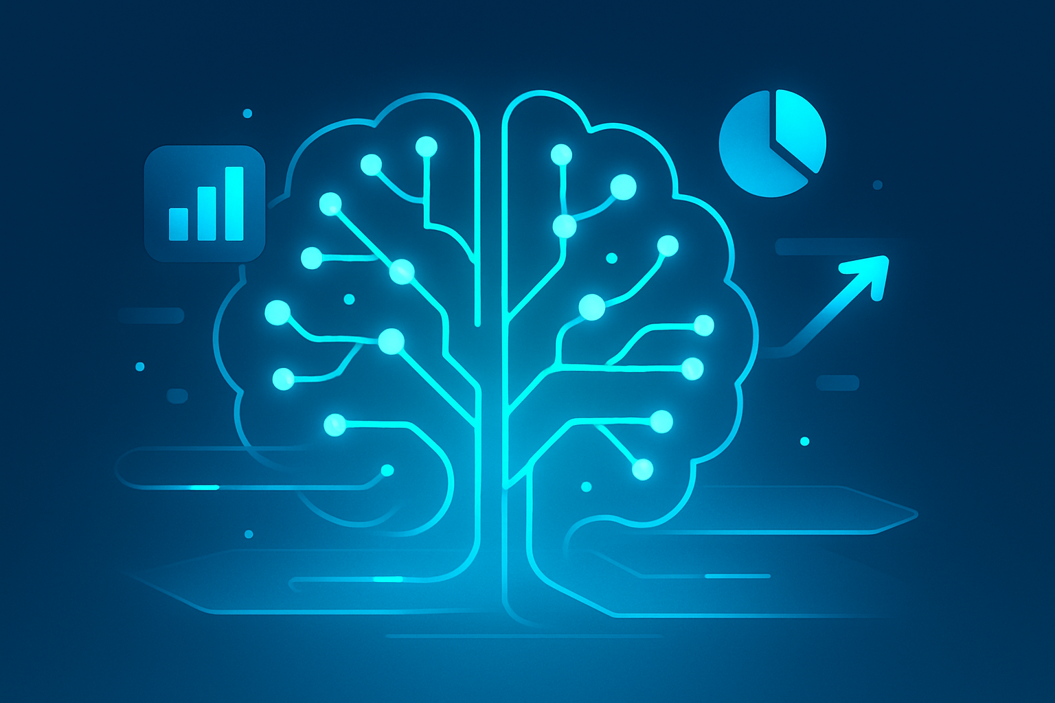 Abstract illustration of glowing neural pathways, data nodes, geometric shapes, and light pulses in a futuristic blue-toned tech setting.