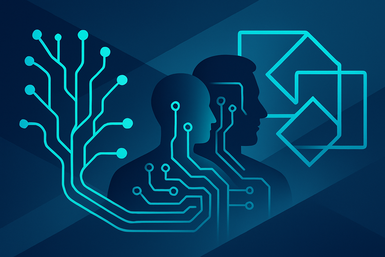 Abstract illustration of glowing neural pathways, geometric shapes, human silhouettes, and circuitry.