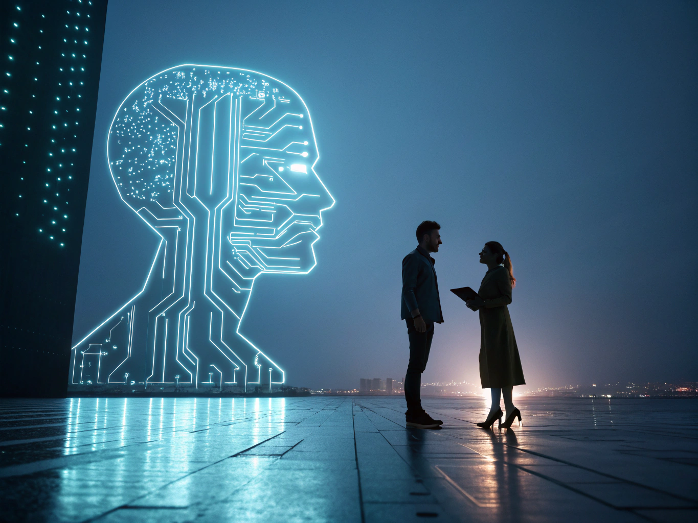 Abstract illustration of interconnected digital circuitry and human contours symbolizing AI and traditional support.