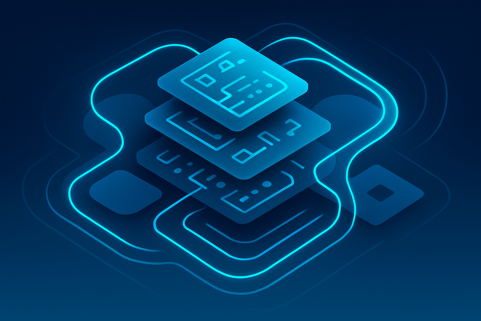 Abstract illustration of interconnected geometric shapes with neon cyan glows on dark blue background.