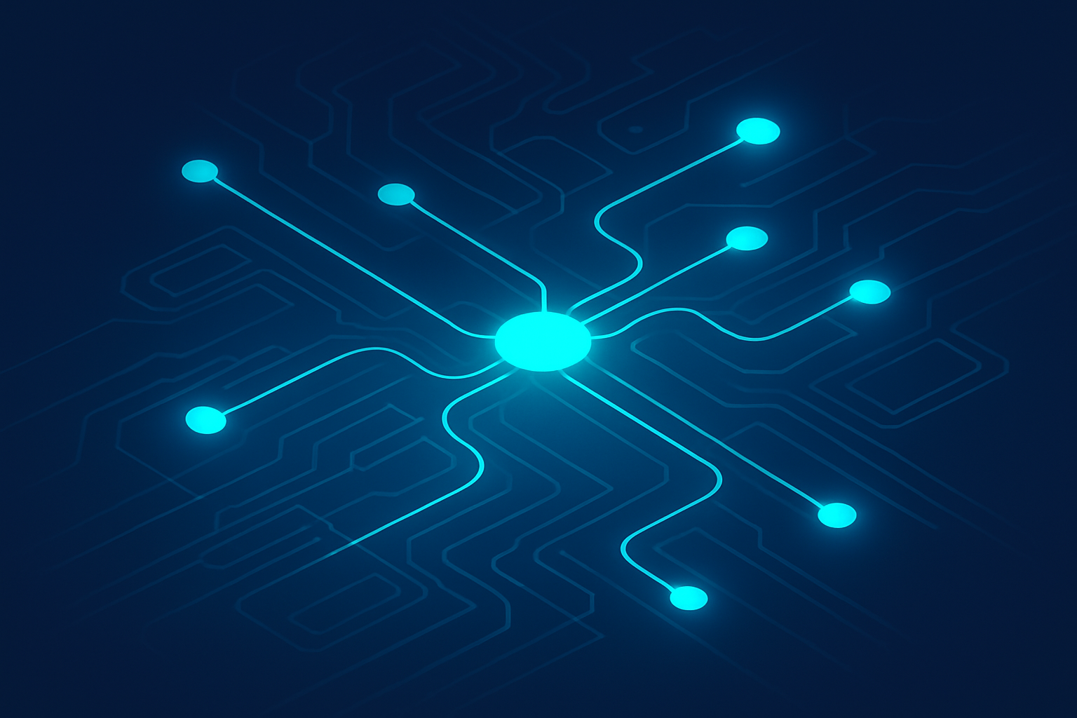 Abstract illustration of interconnected glowing nodes and circuit patterns representing integrated banking and security systems.