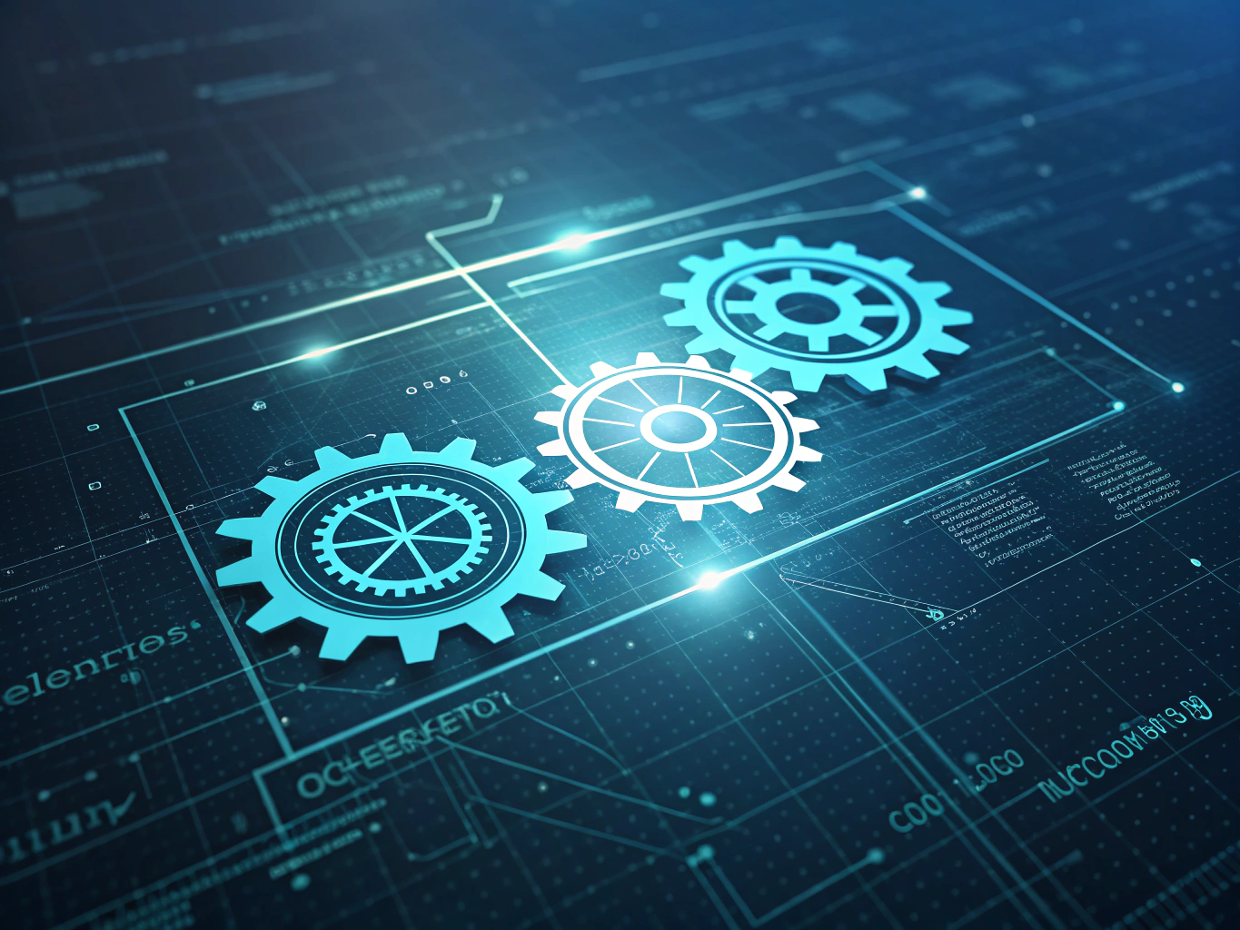 Abstract illustration with interconnected glowing gears, data threads, human figure, and digital sectors.