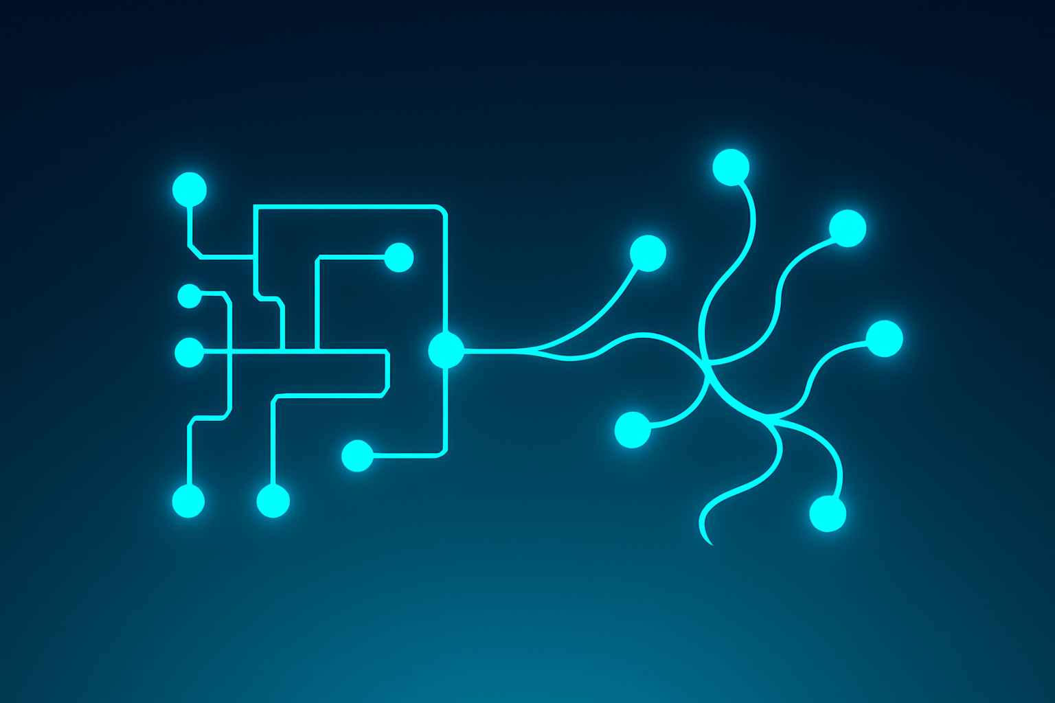 Abstract interconnected glowing nodes and circuits representing chatbot logic and conversational AI.