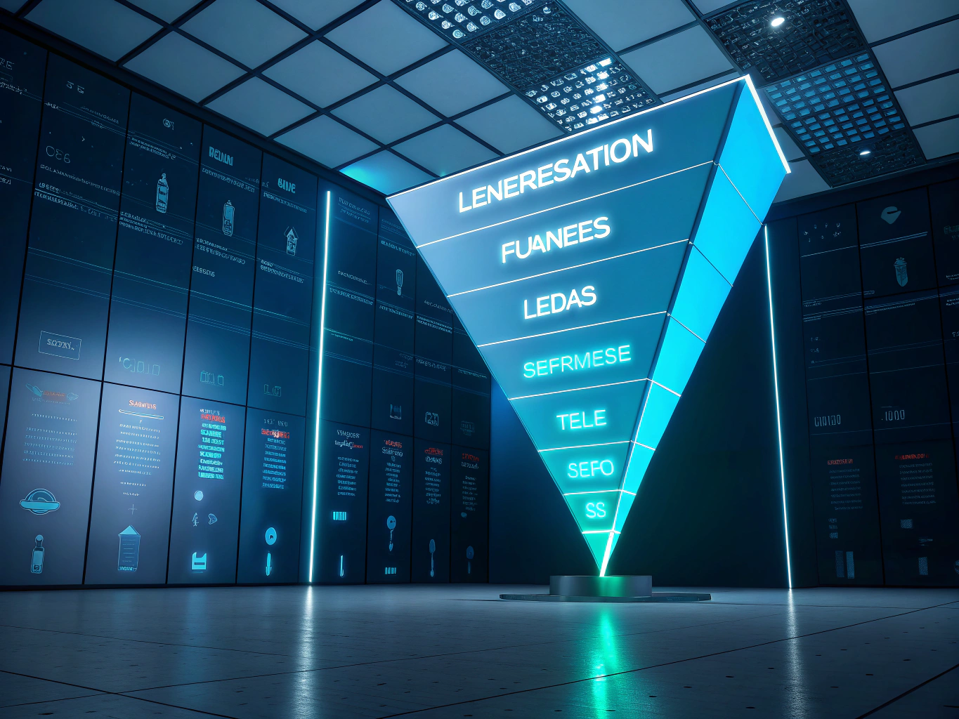 Abstract layered funnel shapes with geometric nodes and data streams on dark blue neon-lit background.