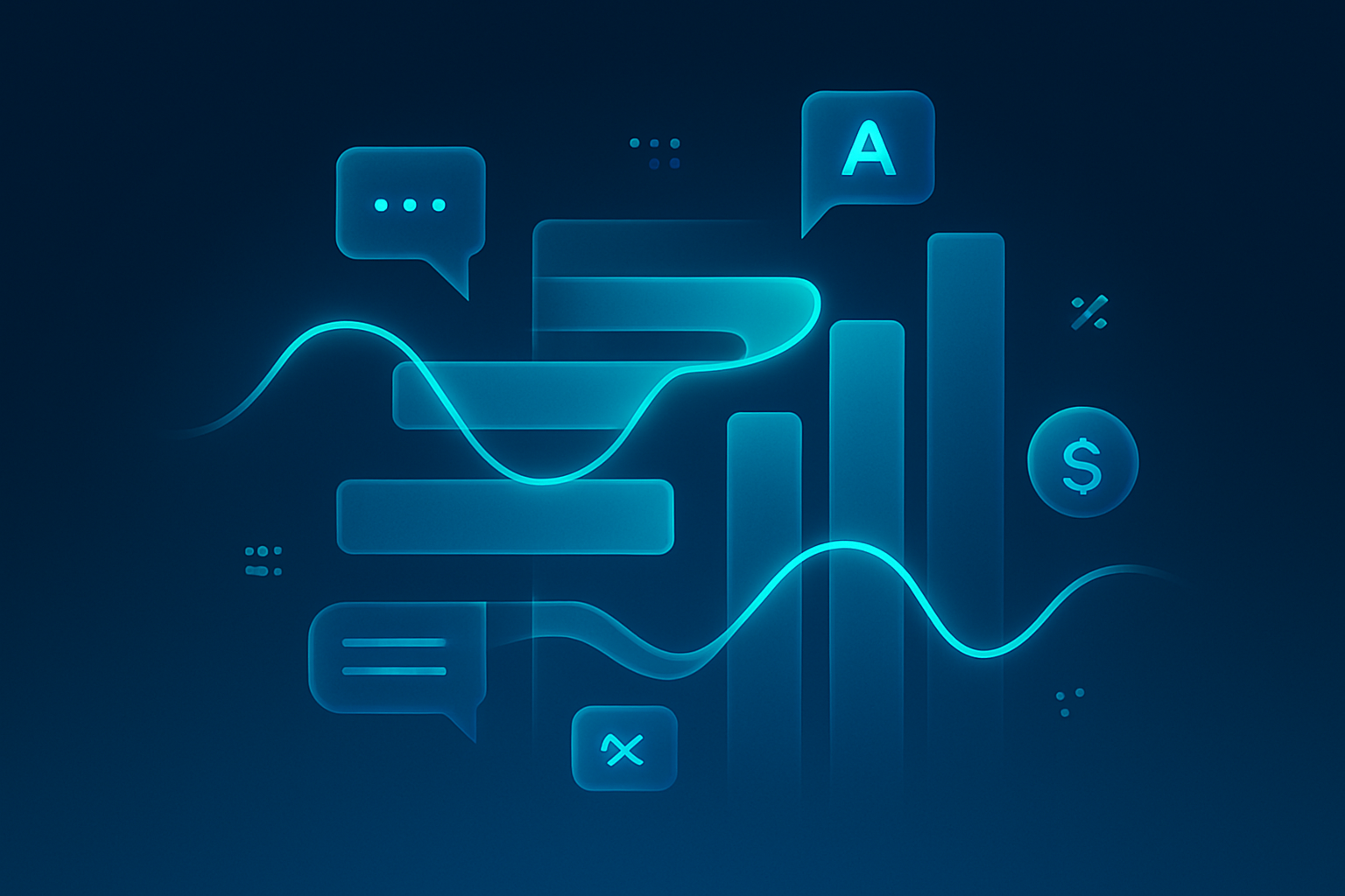 Abstract layered geometric shapes with neon glows symbolizing data streams and communication flows.