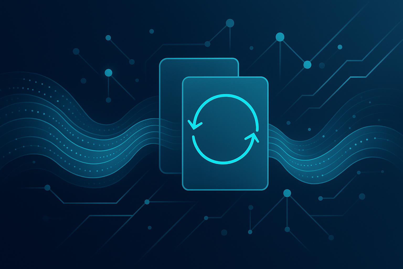 Abstract neon blue data streams and interconnected nodes with geometric shapes and digital waves.